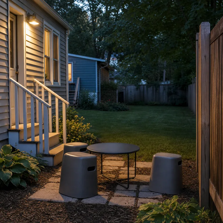 Stackable stools loosely define a small quiet seating corner beside an open family backyard lawn.