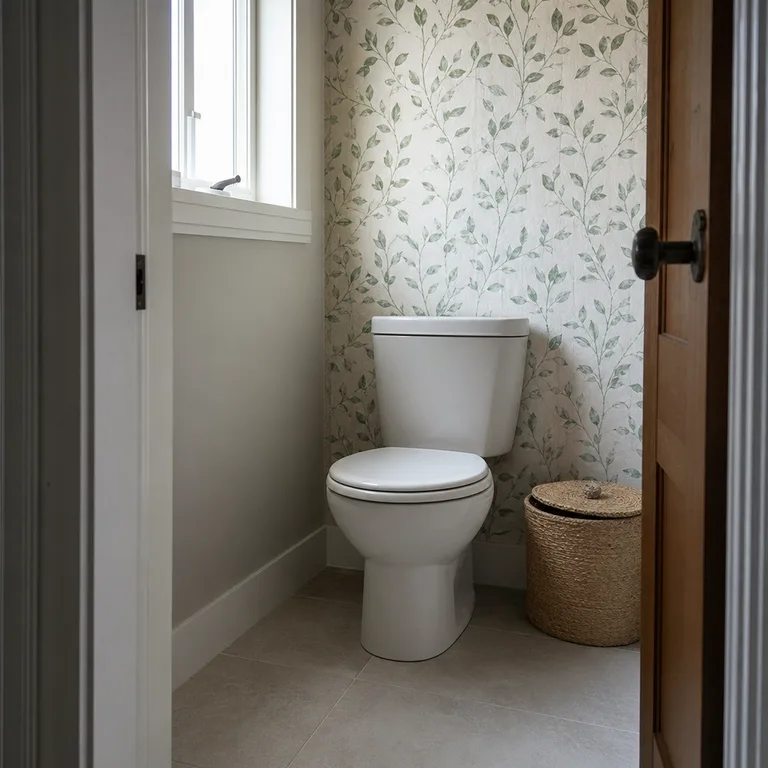 Single green leaf wallpaper panel used as a backdrop behind a compact toilet.