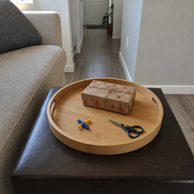 A bamboo tray on an ottoman holds one present and small loose pieces beside a sofa.