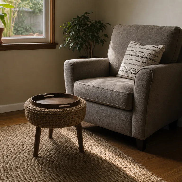 A small woven stool used as a flexible footrest beside an armchair.