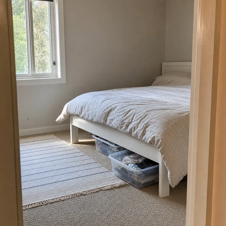 Shallow lidded bins pulled out from the side of a bed for storing spare bedding.