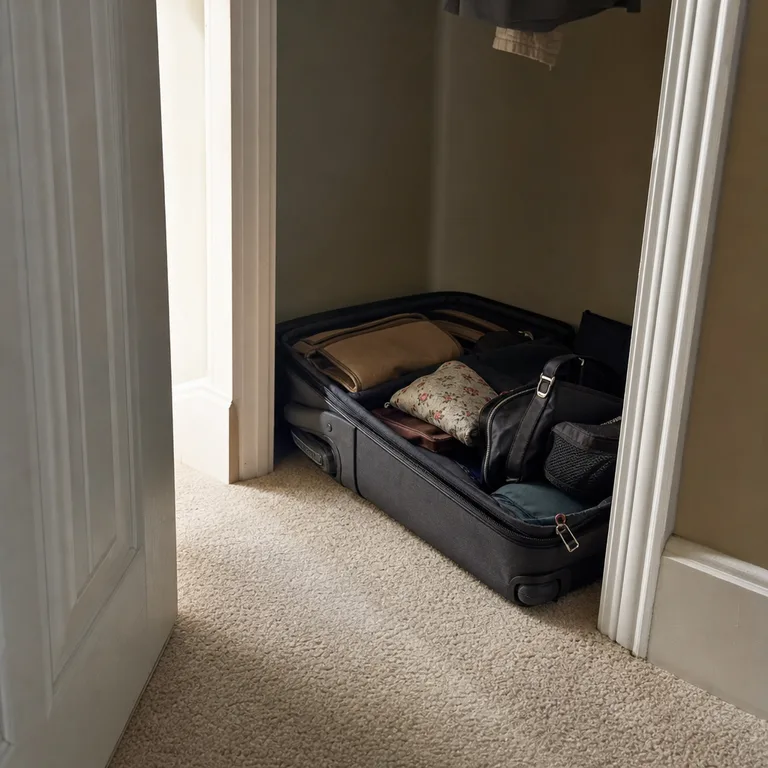 Rarely used travel bags and pouches stored loosely inside an open suitcase.