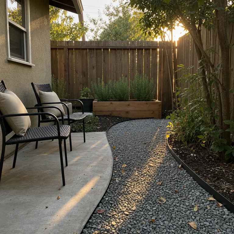 A narrow edged crushed-gravel path curves from a concrete patio toward a raised herb bed.