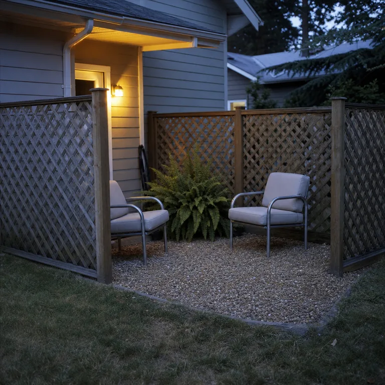 A low wood lattice screen encloses two sides of a small gravel patio nook.