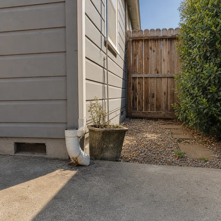 Accessible house downspout beside a narrow patio with open space for a rain barrel.