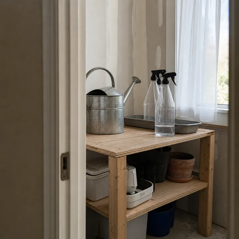 Empty watering cans and spray bottles stored on a garage shelf.