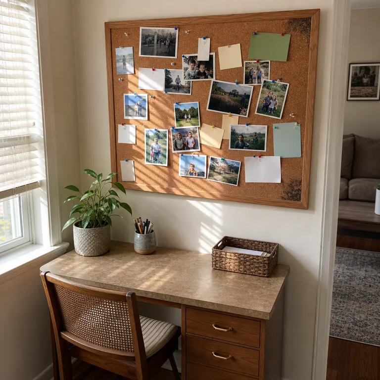A large oak-framed corkboard displays overlapping family photos above a small desk.