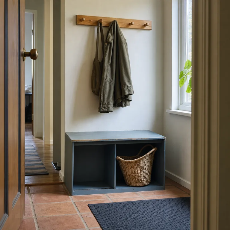 Wood peg rail and narrow bench provide coat storage along a compact tiled entry wall.