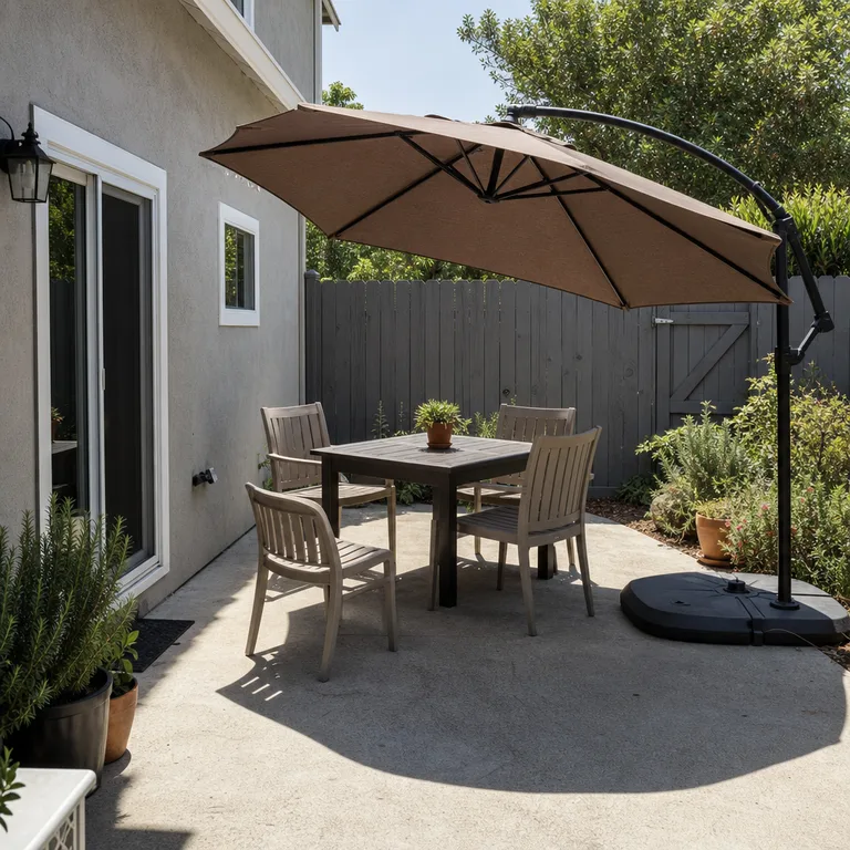 A tilted offset umbrella provides privacy over a small patio dining table.
