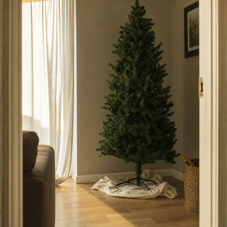 A cream throw folded loosely around a black tree stand on a laminate living-room floor.