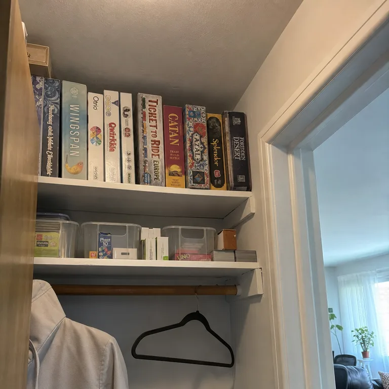 Large board games stored on a labeled shelf in a living room closet.