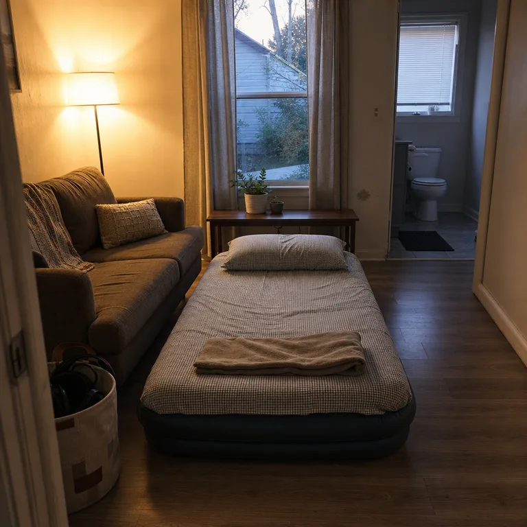 A single air bed centered in a cleared small living room with furniture moved aside and a walkway left open.