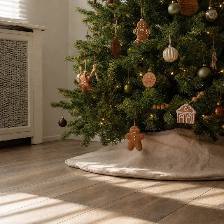 Sturdy fabric, wood, and plastic ornaments hang on the lower branches of a tree.