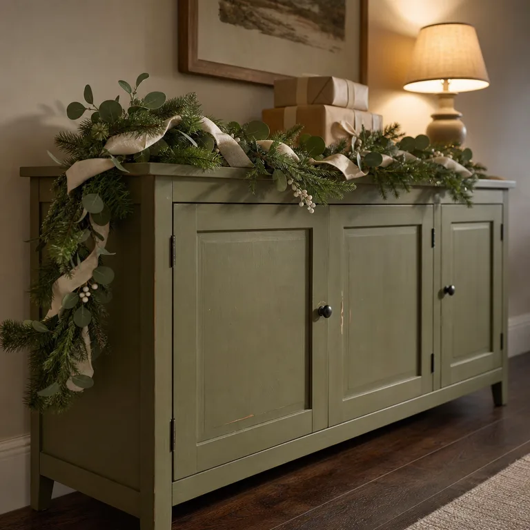 An asymmetrical faux pine and eucalyptus swag decorates a sage-green low cabinet beside plain wrapped boxes and a lamp.