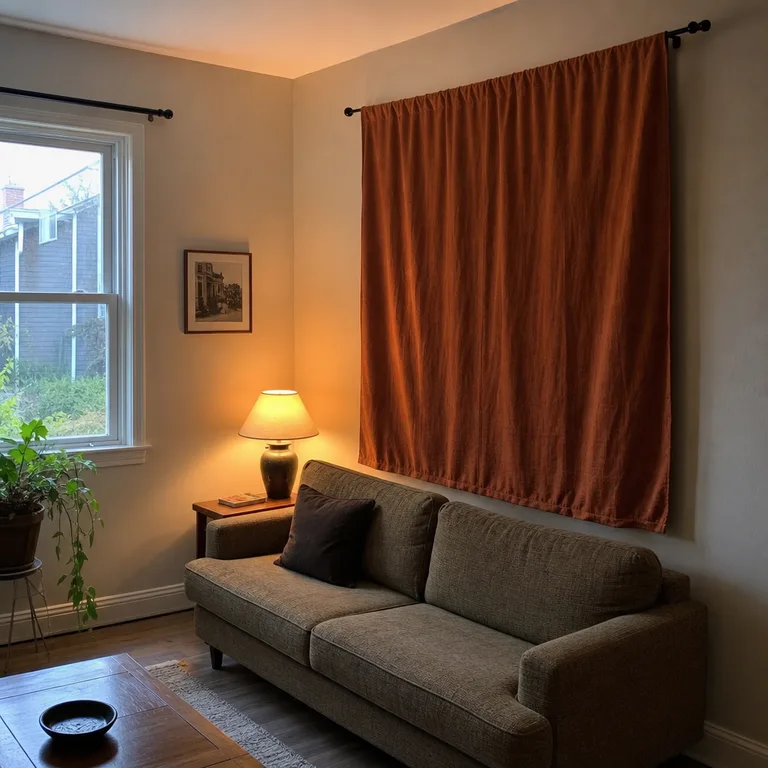 A rust-colored curtain panel hung from a black rod as large wall art behind a sofa.