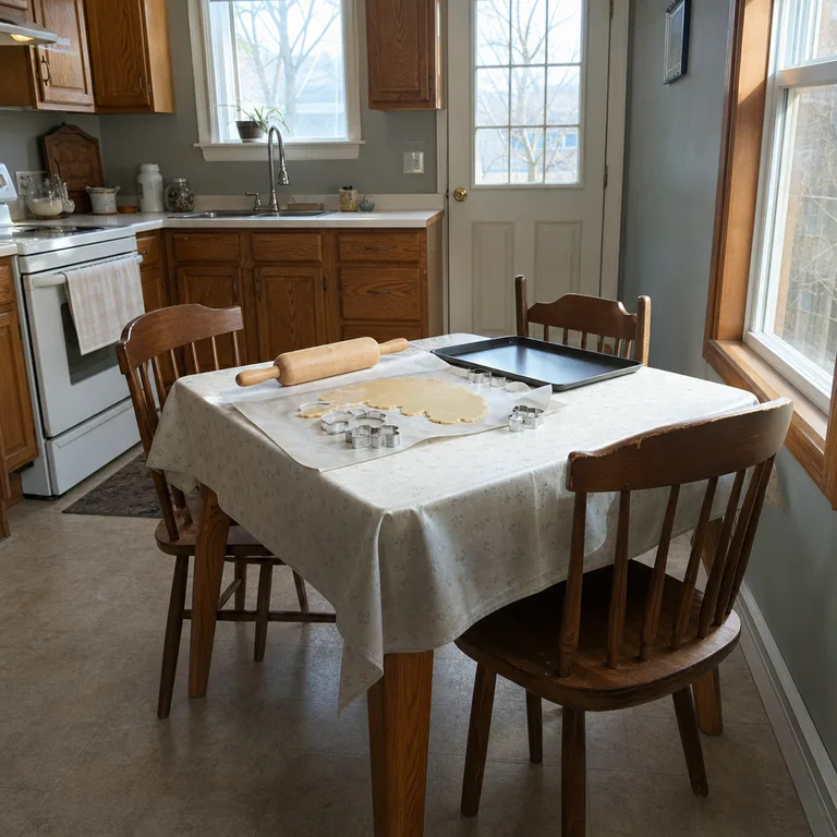 A small kitchen table covered for rolling dough holds a rolling pin, parchment, and portioned cookie dough.
