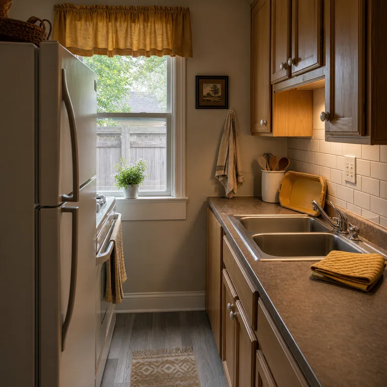 Mustard valance, enamel tray, and oven mitts adding color to an oak kitchen.