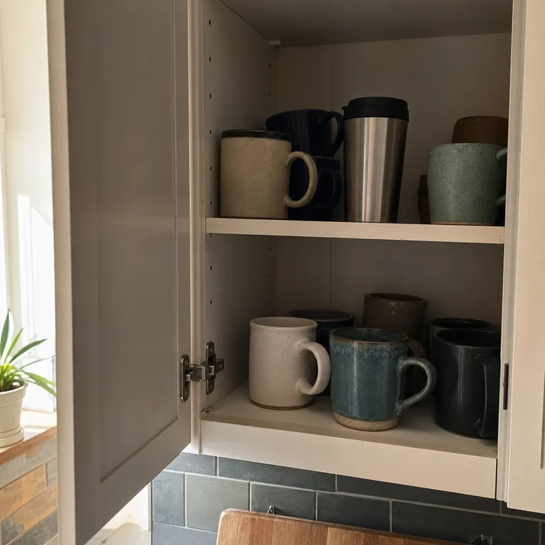 Open kitchen cabinet with tall travel mugs on an upper shelf and shorter mismatched ceramic mugs on a lower shelf.