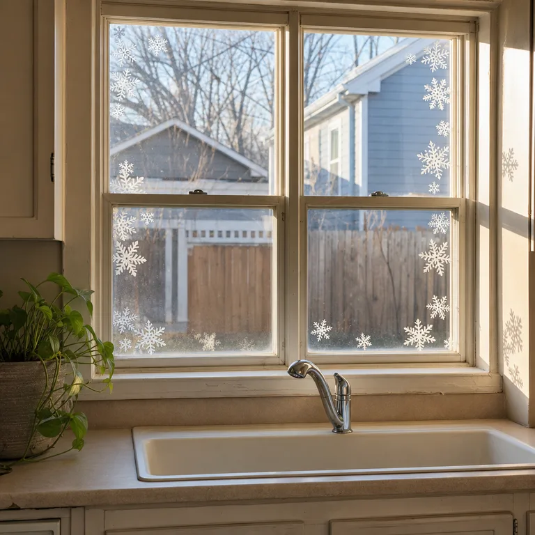 White snowflake decals decorate the edges of a kitchen window above a clear sink.