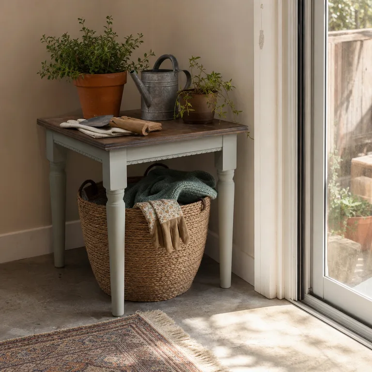 A woven basket holds simple garden gear beside a patio side table.