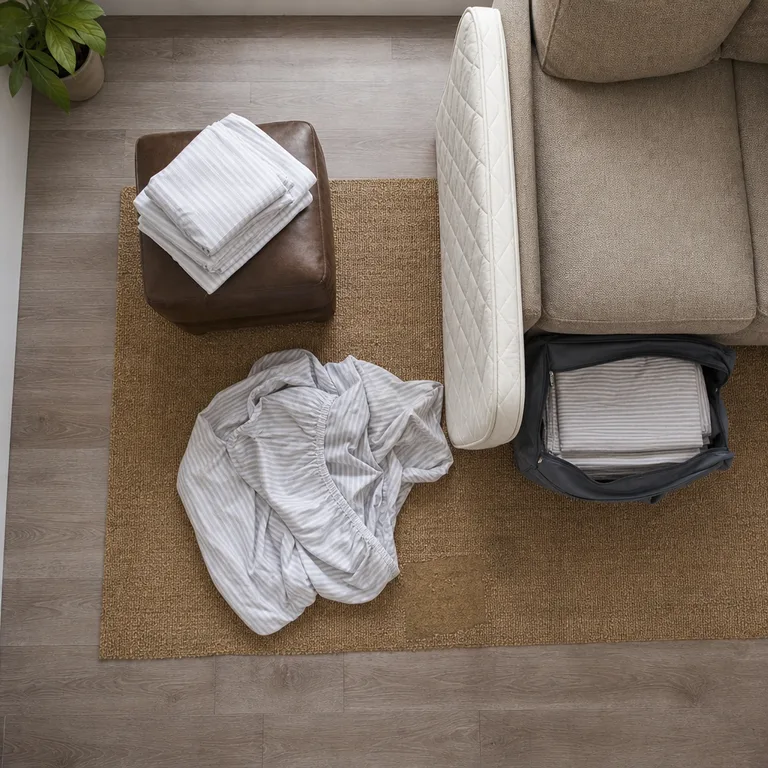 Clean bedding in an under-sofa storage bag beside a folded floor mattress for a two-night living-room guest setup.