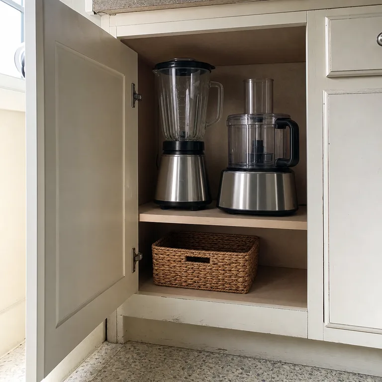 A blender and food processor stored side by side on a measured lower cabinet shelf.
