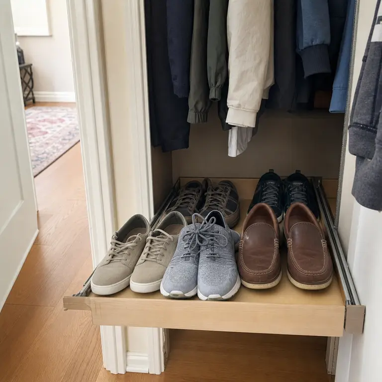 Slide-out shelf displaying neatly arranged shoes inside a hall closet.