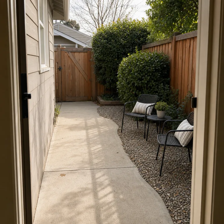 A broom-finished concrete walkway leads from a back door to a small gravel seating area.