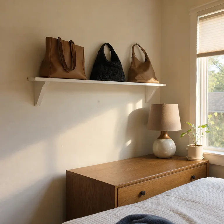 Frequently used handbags spaced on a narrow wall shelf above a dresser.