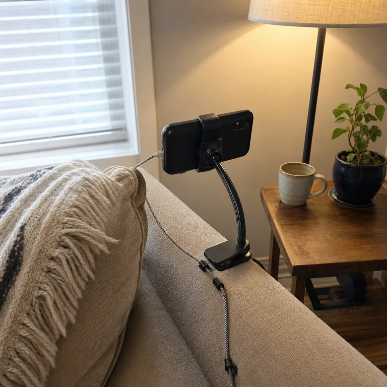 A clip-on holder on a sofa arm keeps a phone and charging cable off the cushions.