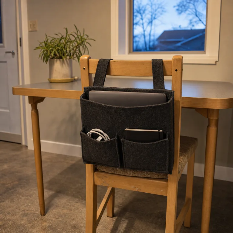 A felt organizer on the back of a wooden kitchen chair holds laptop work supplies.