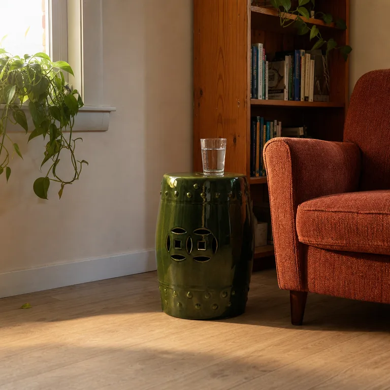 A green ceramic garden stool serves as a compact table beside a reading chair.