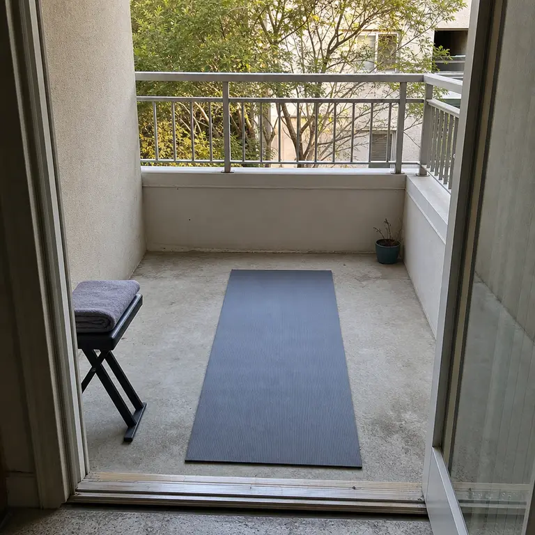 An open balcony with a removable exercise mat becomes a compact stretching space.