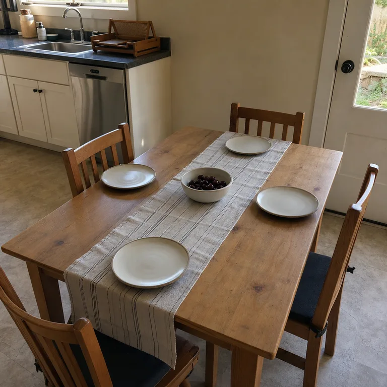 Narrow runner down the center of a dining table with room for four place settings.