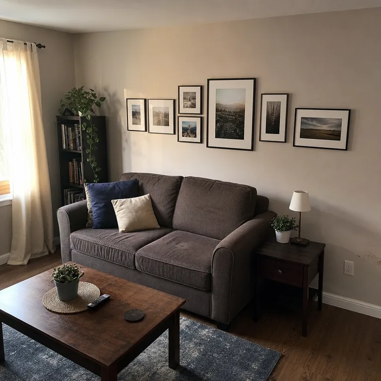 A straight horizontal gallery row of mismatched frames above a small living-room sofa.