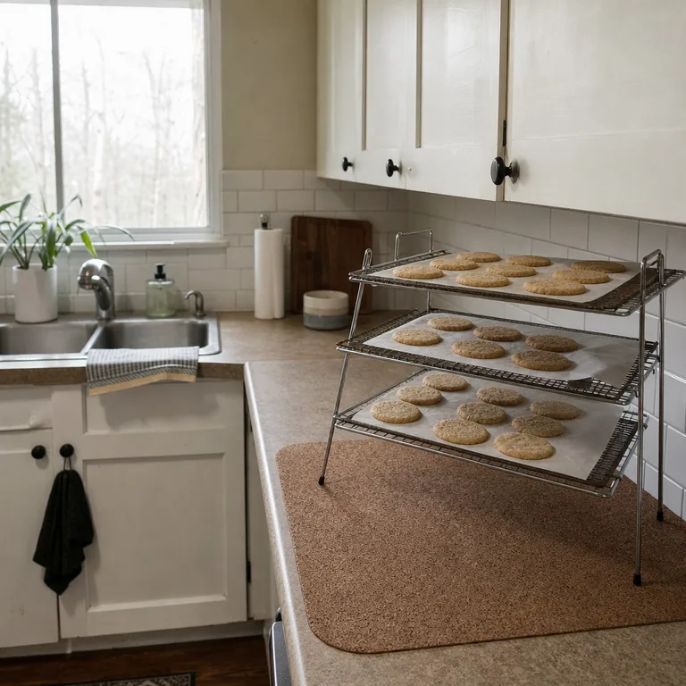 Tiered wire racks cool cookies on a protected kitchen counter section separate from the sink.