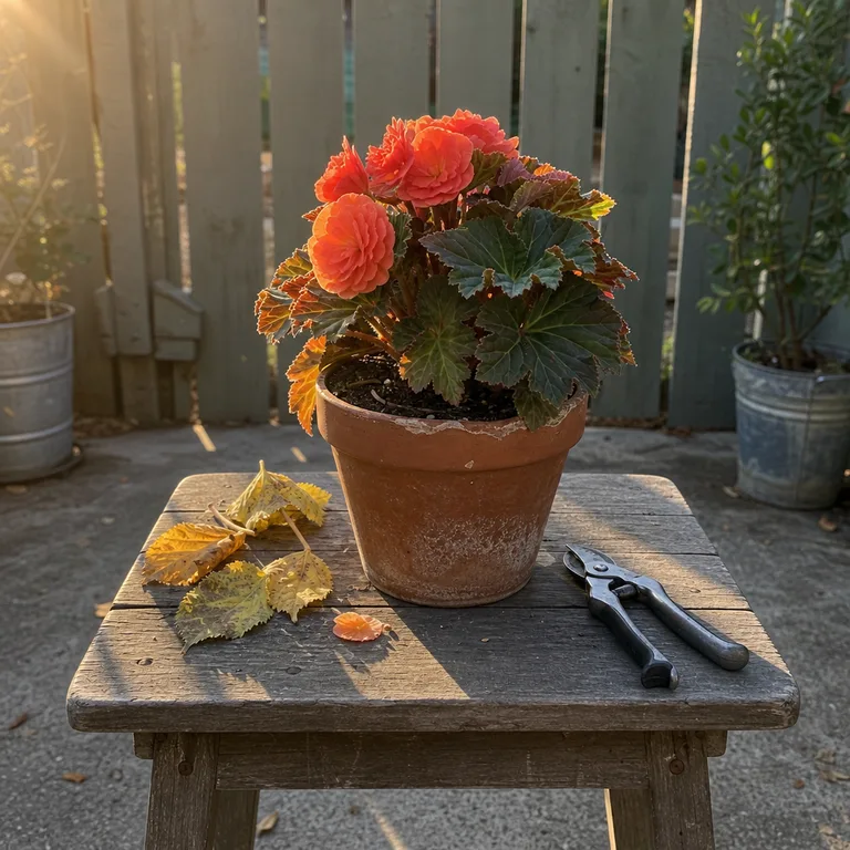 A flowering potted plant sits with removed leaves and hand pruners for light seasonal trimming.