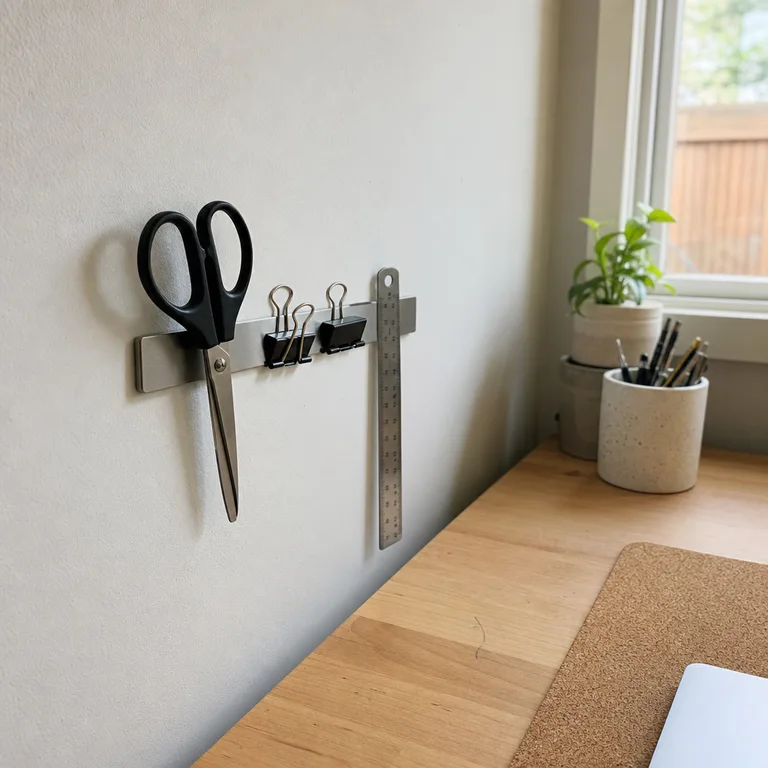 A wall-mounted magnetic strip holds scissors, a ruler, and binder clips above the desk.