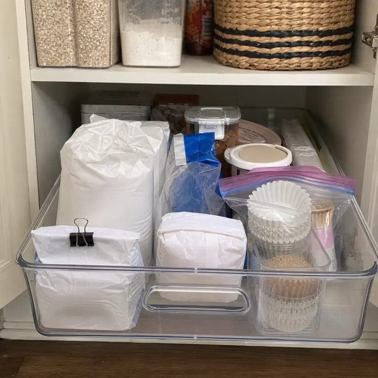 A pull-forward bin groups baking supplies on a lower pantry shelf.