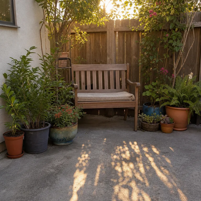 Uneven plant pot groups frame a simple wooden patio bench.