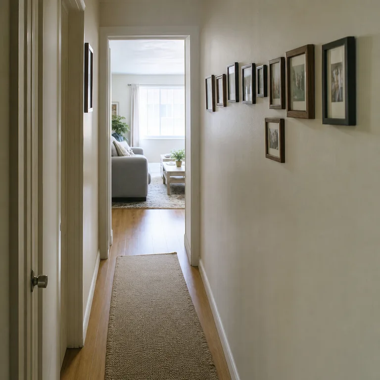 A chronological line of small framed family photos runs down a hallway into the living room.