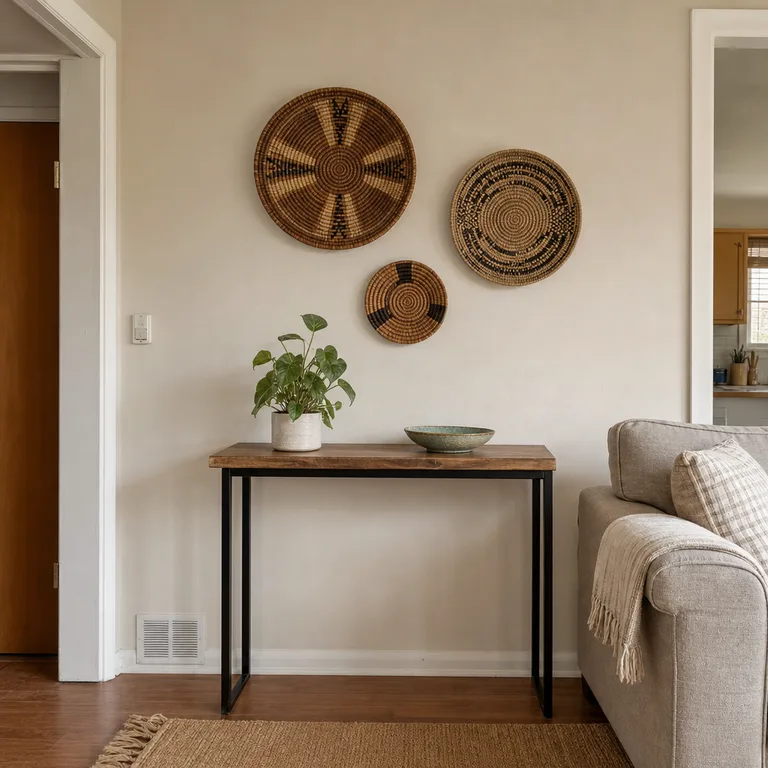 Three flat woven baskets arranged as wall decor above a narrow console.