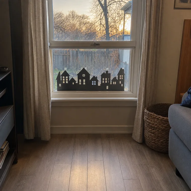 A paper village silhouette attached along the bottom of an apartment window without using the sill.