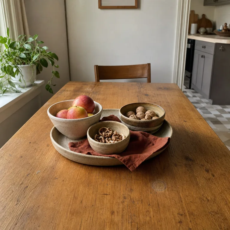 A low serving tray on a small wood table holds ceramic bowls of apples, clementines, and nuts over a rust napkin.