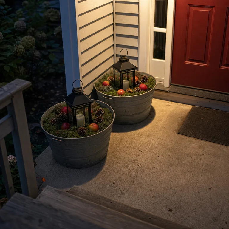 Galvanized tubs with black lanterns, moss, apples, and pinecones beside a red front door.