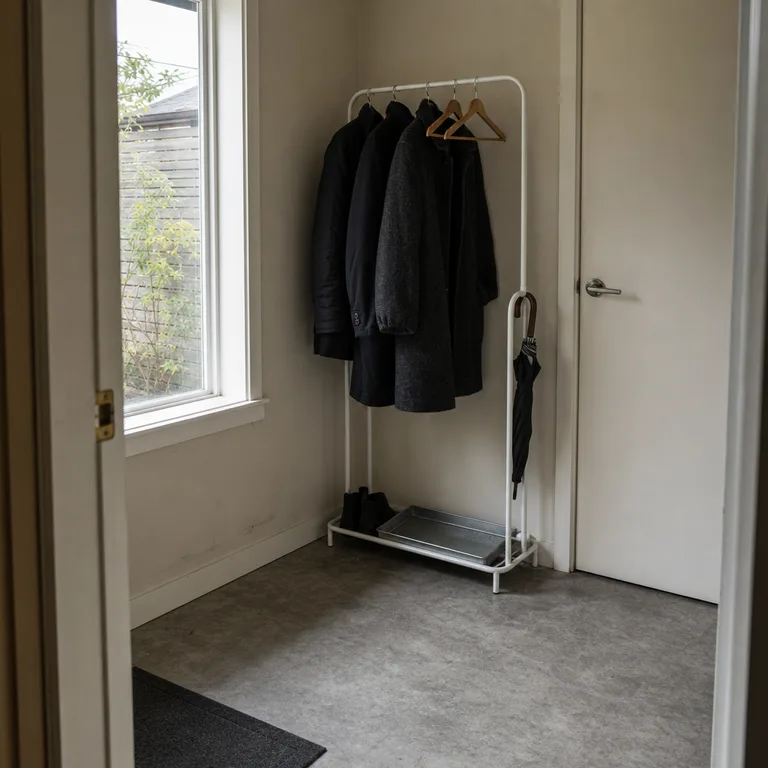 Slim freestanding garment rack holds coats in an unused apartment entry corner above a drip tray.