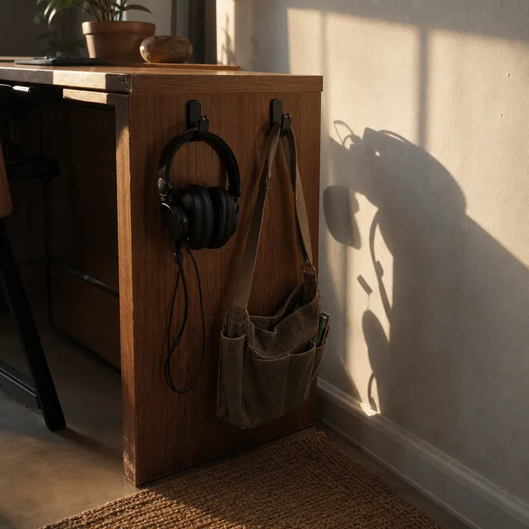 Desk-side hooks hold headphones and a canvas work pouch without taking up desktop space.