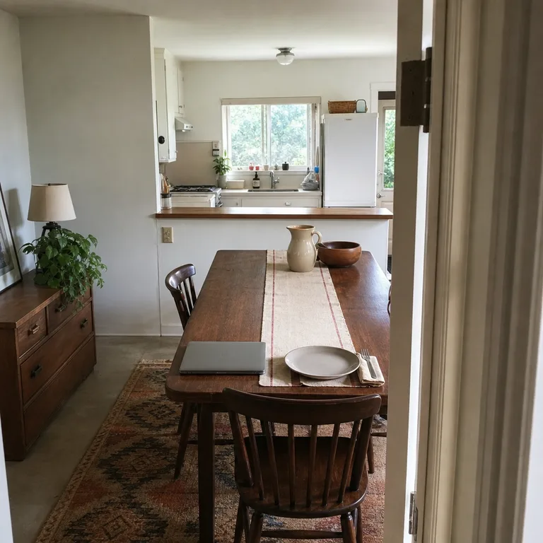 One end of a long dining table styled as a serving area while the other end stays clear.