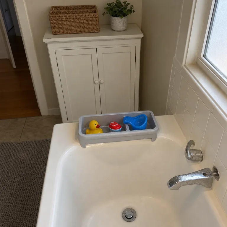 A fitted organizer rests on a bathtub rim to hold draining toys separately from the closed toiletry cabinet.