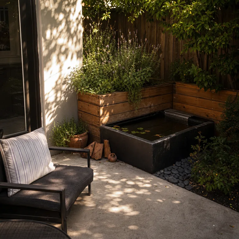 Charcoal ceramic trough mini pond beside a cedar planter at the edge of a small concrete patio.